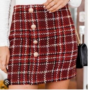 Pink Lily NEW Red & Black Holiday Plaid Tweed Mini Skirt Gold Buttons Size Small